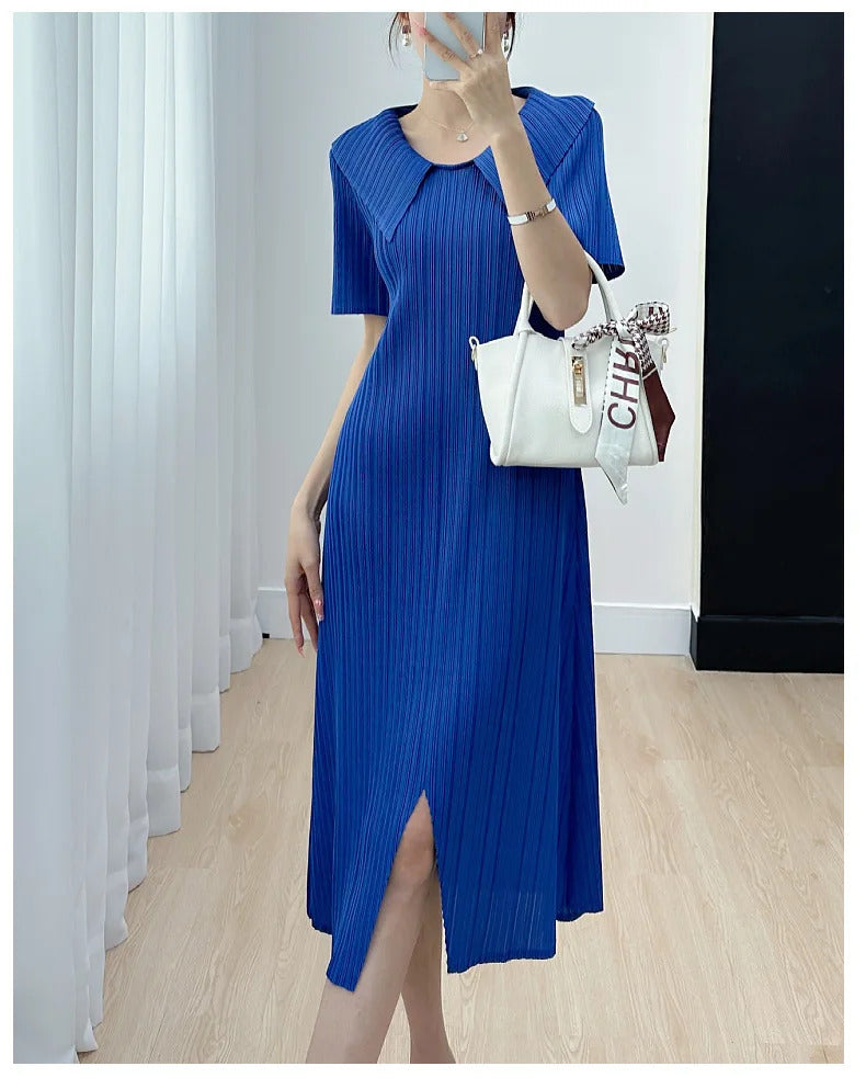 Pleated Dress for Women 2025 Summer New Skirt High-End Temperament Youthful-Looking Niche Lapel Slit Versatile Dresses