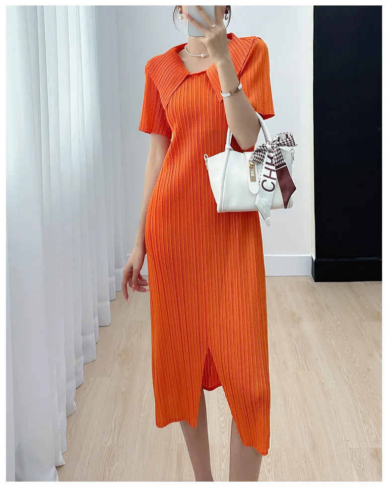 Pleated Dress for Women 2025 Summer New Skirt High-End Temperament Youthful-Looking Niche Lapel Slit Versatile Dresses