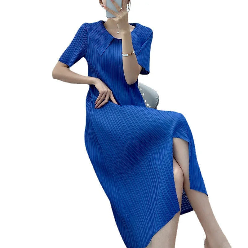 Pleated Dress for Women 2025 Summer New Skirt High-End Temperament Youthful-Looking Niche Lapel Slit Versatile Dresses
