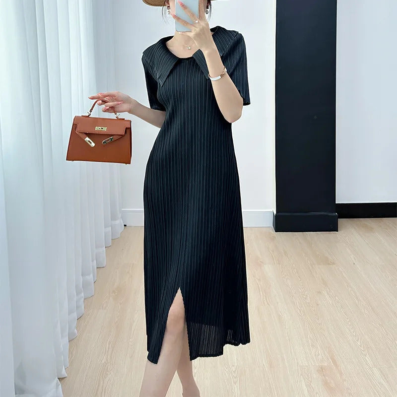 Pleated Dress for Women 2025 Summer New Skirt High-End Temperament Youthful-Looking Niche Lapel Slit Versatile Dresses