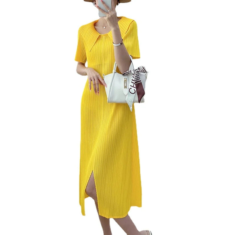 Pleated Dress for Women 2025 Summer New Skirt High-End Temperament Youthful-Looking Niche Lapel Slit Versatile Dresses