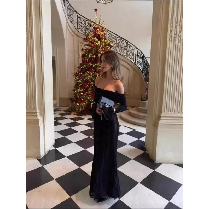 black lace maxi dress Off Shoulder Long Flare Sleeves sexy Evening gown zipper back mermaid gown New high fashion dress women