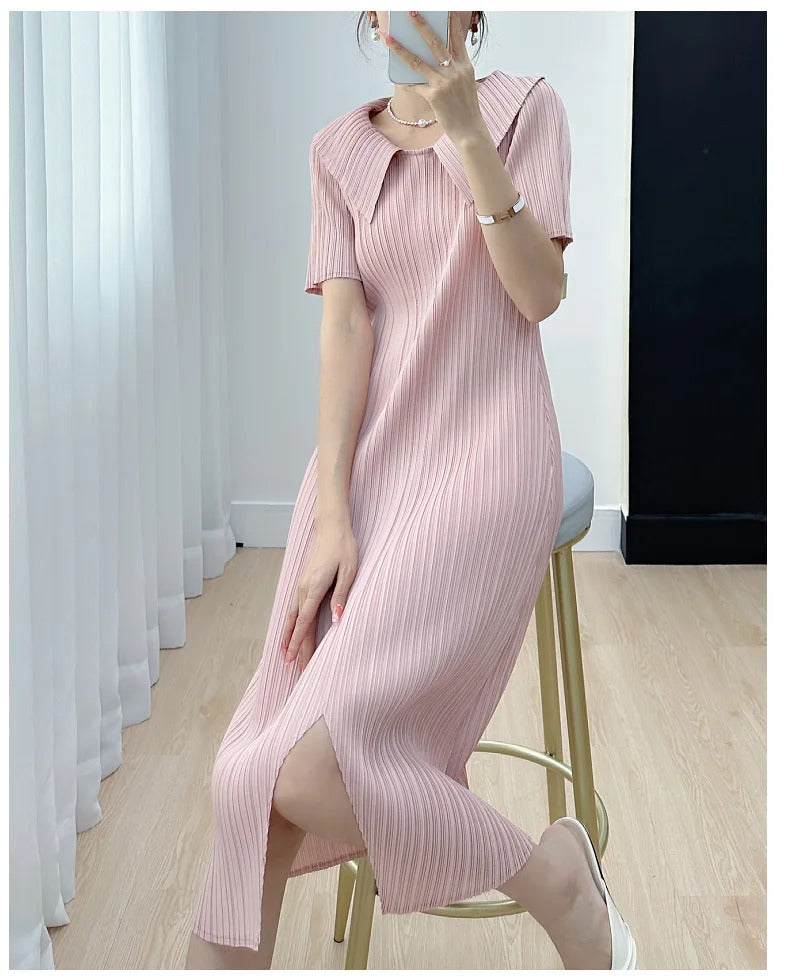 Pleated Dress for Women 2025 Summer New Skirt High-End Temperament Youthful-Looking Niche Lapel Slit Versatile Dresses