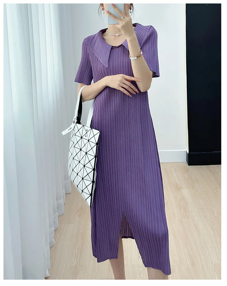 Pleated Dress for Women 2025 Summer New Skirt High-End Temperament Youthful-Looking Niche Lapel Slit Versatile Dresses