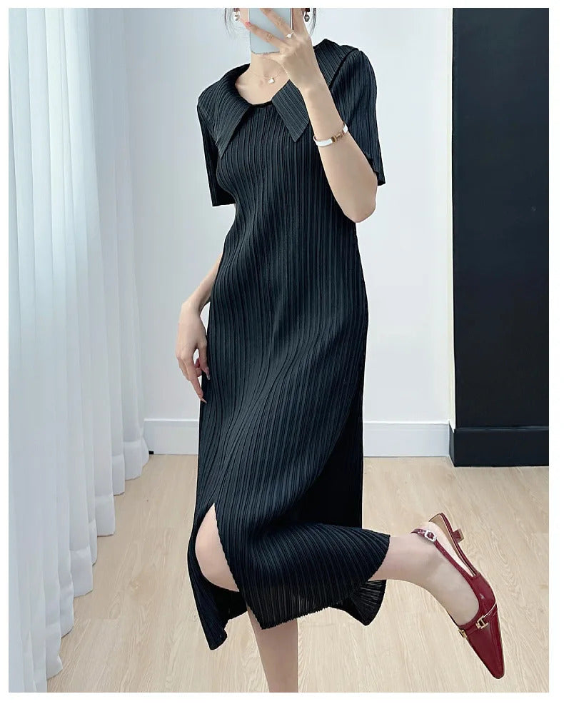 Pleated Dress for Women 2025 Summer New Skirt High-End Temperament Youthful-Looking Niche Lapel Slit Versatile Dresses