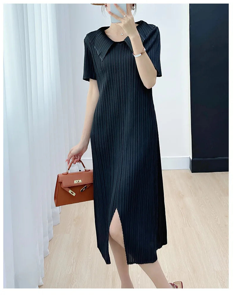 Pleated Dress for Women 2025 Summer New Skirt High-End Temperament Youthful-Looking Niche Lapel Slit Versatile Dresses