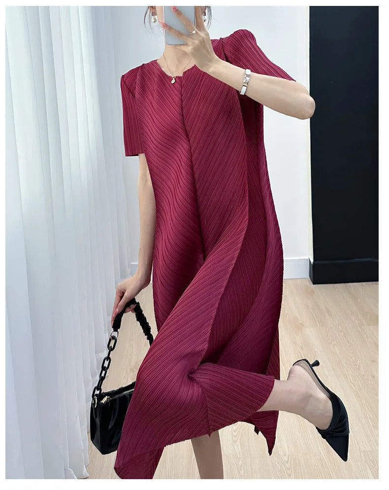 Pleated Dress for Women 2025 Summer New Casual Loose Oblique Pleated Pure Color Minimal Versatile Short Sleeve Dresses