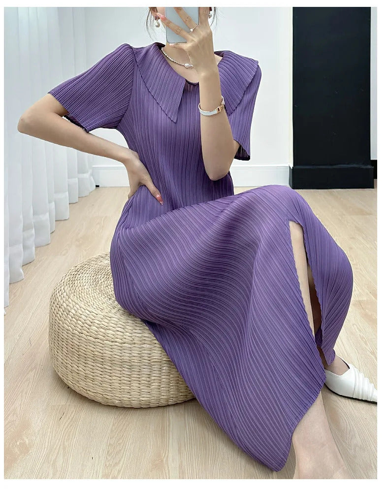 Pleated Dress for Women 2025 Summer New Skirt High-End Temperament Youthful-Looking Niche Lapel Slit Versatile Dresses
