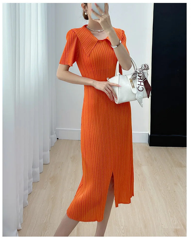 Pleated Dress for Women 2025 Summer New Skirt High-End Temperament Youthful-Looking Niche Lapel Slit Versatile Dresses