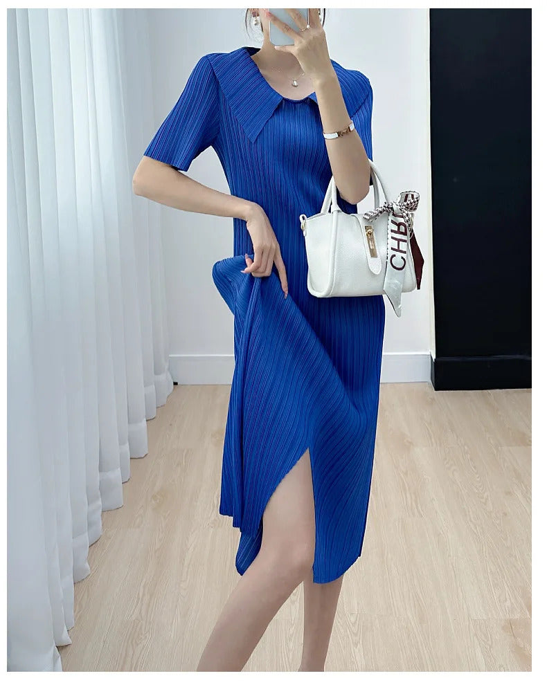 Pleated Dress for Women 2025 Summer New Skirt High-End Temperament Youthful-Looking Niche Lapel Slit Versatile Dresses