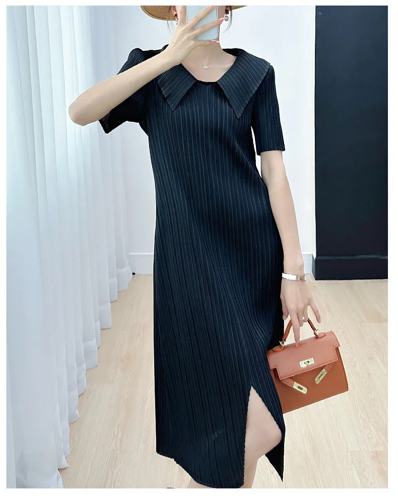 Pleated Dress for Women 2025 Summer New Skirt High-End Temperament Youthful-Looking Niche Lapel Slit Versatile Dresses