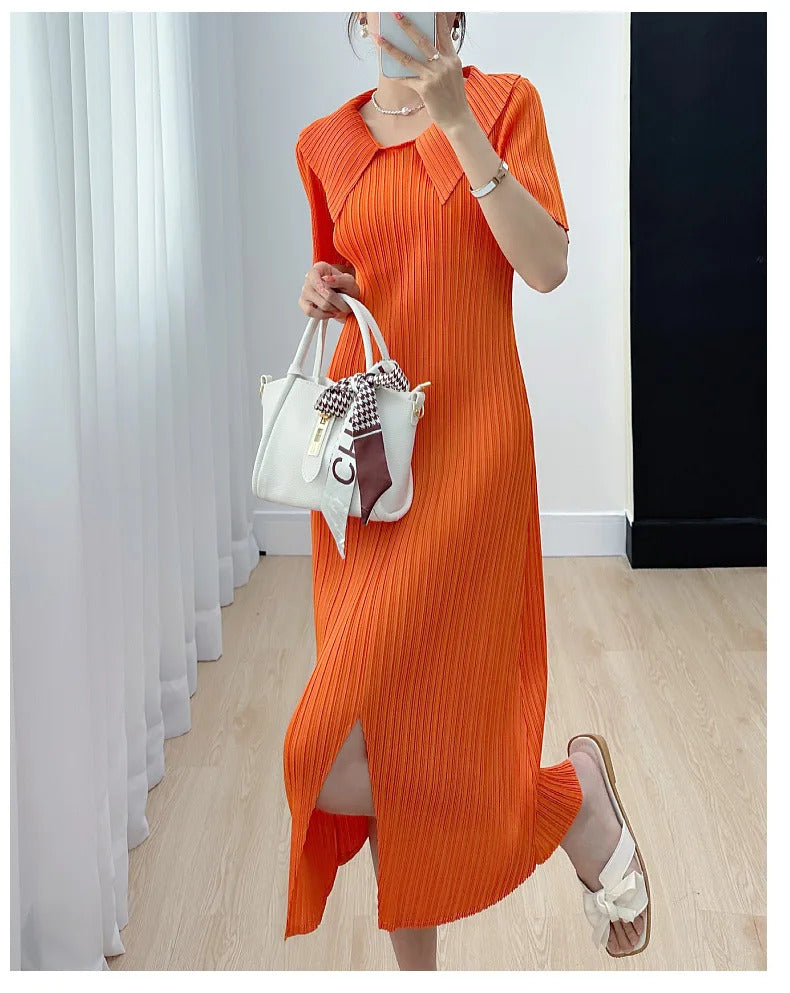 Pleated Dress for Women 2025 Summer New Skirt High-End Temperament Youthful-Looking Niche Lapel Slit Versatile Dresses