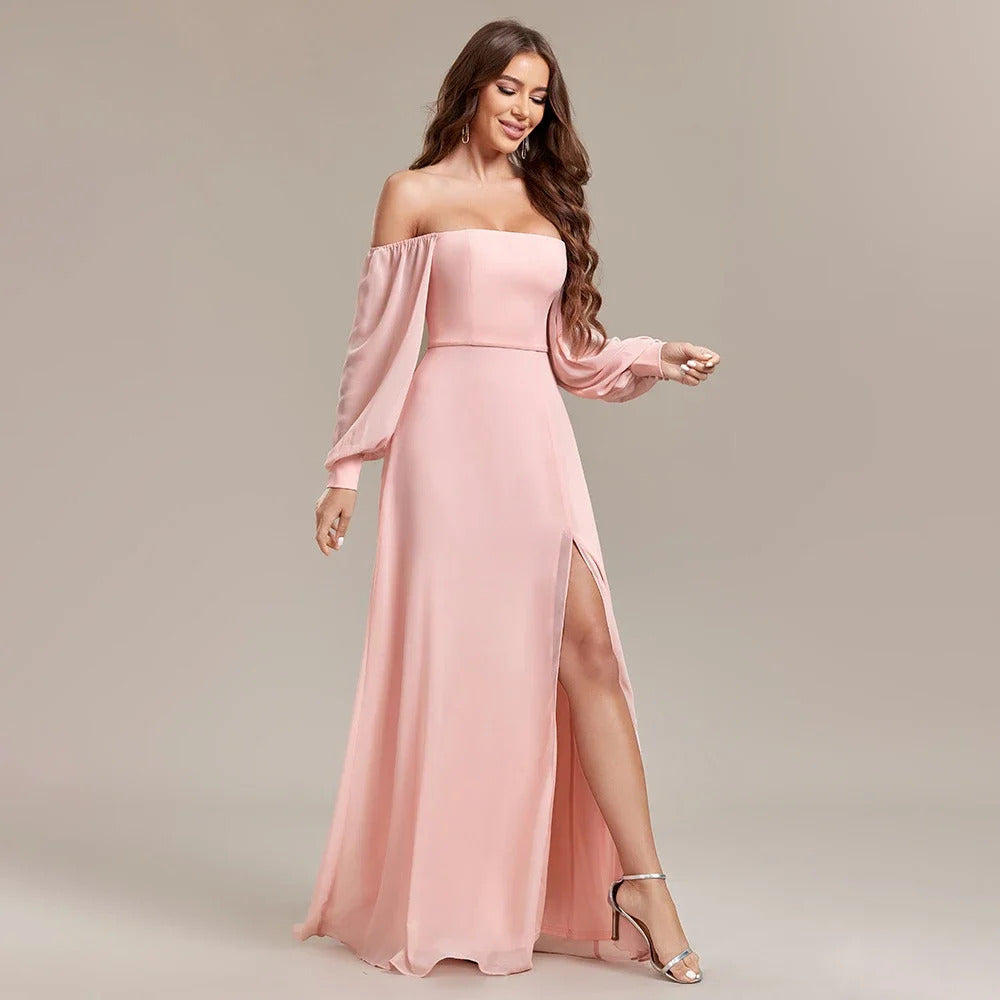 Red Pink Green Long Women's Prom Dress For Wedding Guest Woman Sexy Off Shoulder Formal Occasion Dresses Simple Fashion Clothing