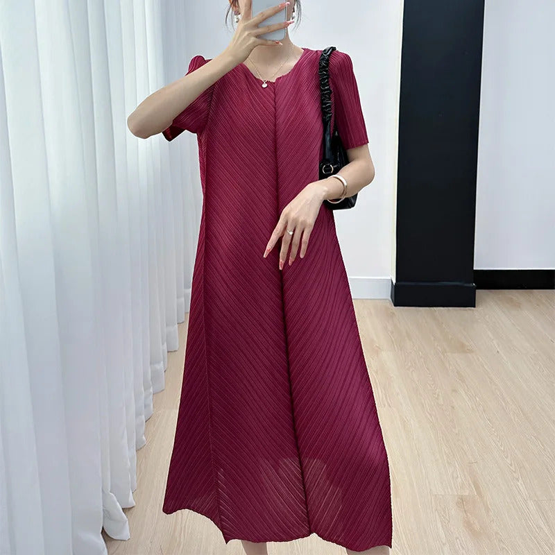 Pleated Dress for Women 2025 Summer New Casual Loose Oblique Pleated Pure Color Minimal Versatile Short Sleeve Dresses