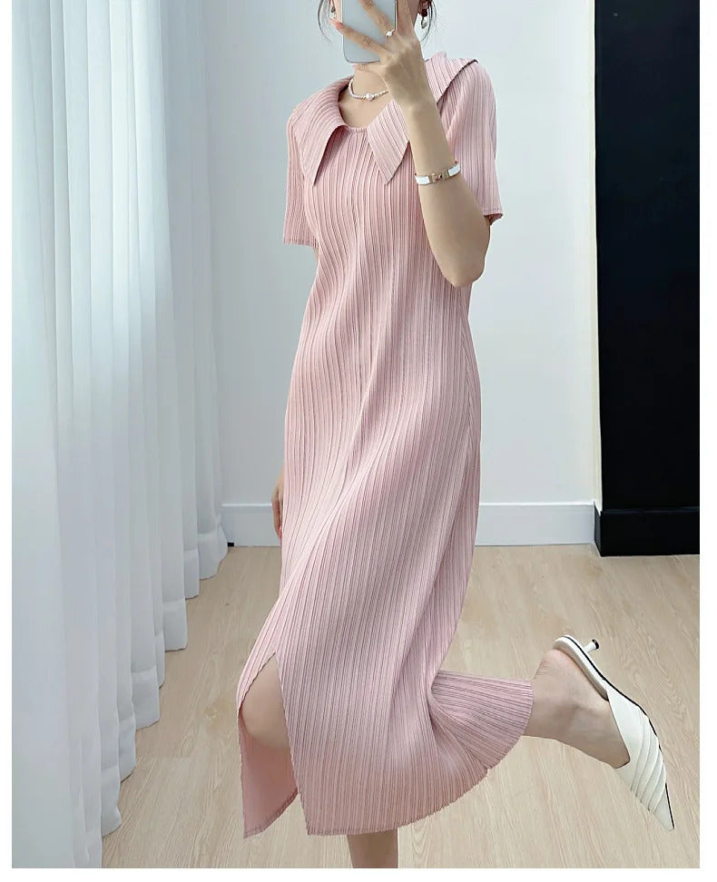 Pleated Dress for Women 2025 Summer New Skirt High-End Temperament Youthful-Looking Niche Lapel Slit Versatile Dresses