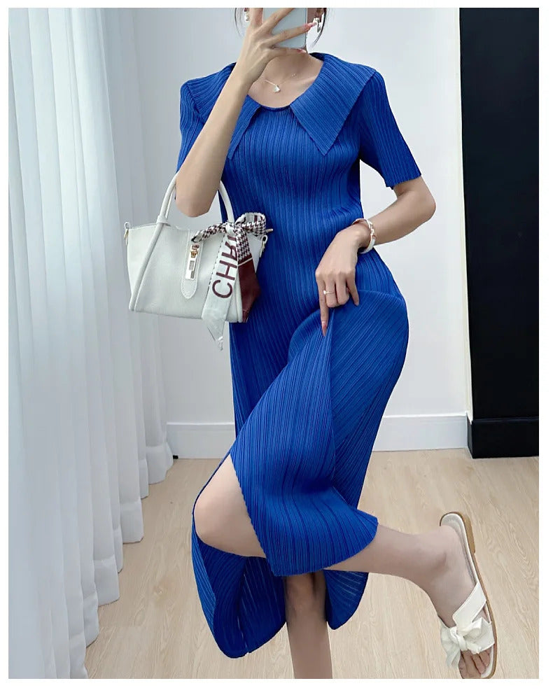 Pleated Dress for Women 2025 Summer New Skirt High-End Temperament Youthful-Looking Niche Lapel Slit Versatile Dresses