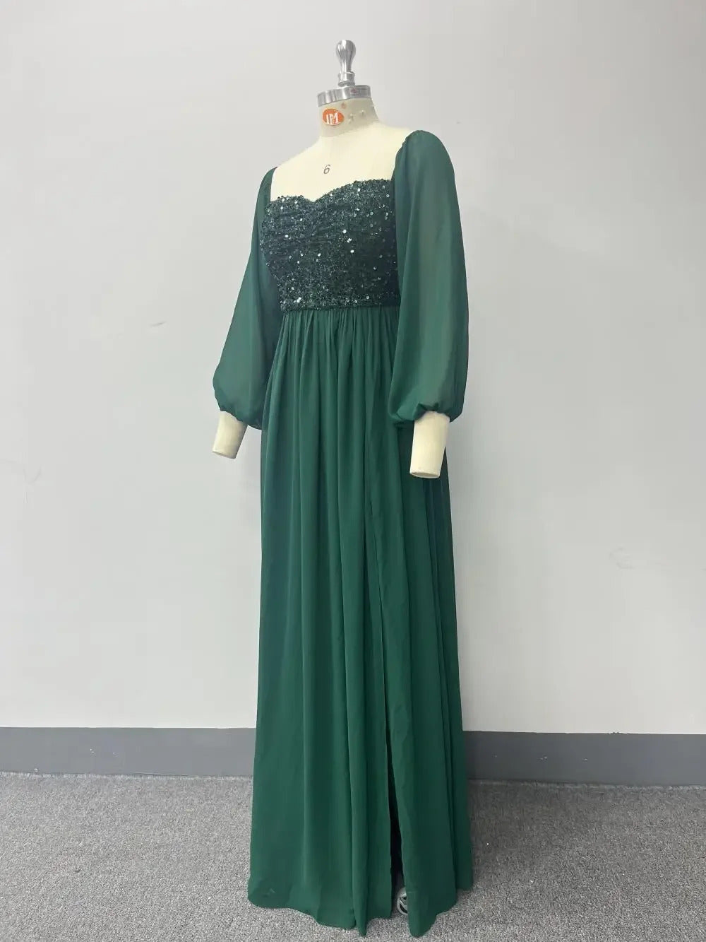 Women Strapless Dark Green Long Sleeved Evening Dresses Sequin Chiffon Free Wear Square Neck Party Gown Elegant Formal Dress