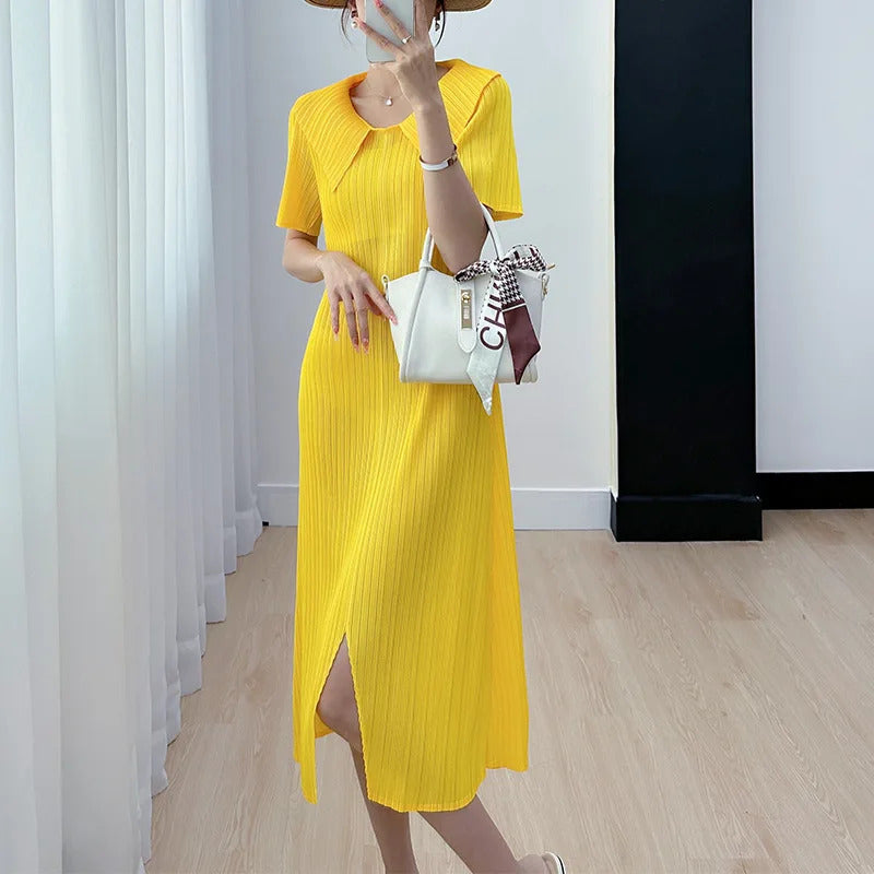 Pleated Dress for Women 2025 Summer New Skirt High-End Temperament Youthful-Looking Niche Lapel Slit Versatile Dresses