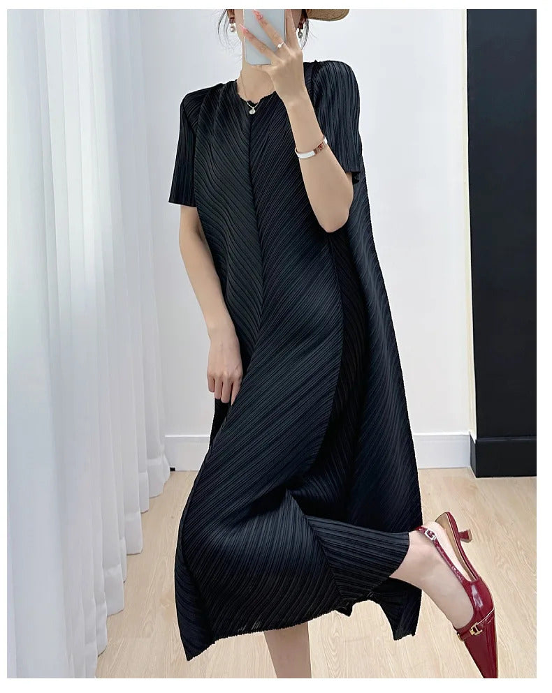 Pleated Dress for Women 2025 Summer New Casual Loose Oblique Pleated Pure Color Minimal Versatile Short Sleeve Dresses