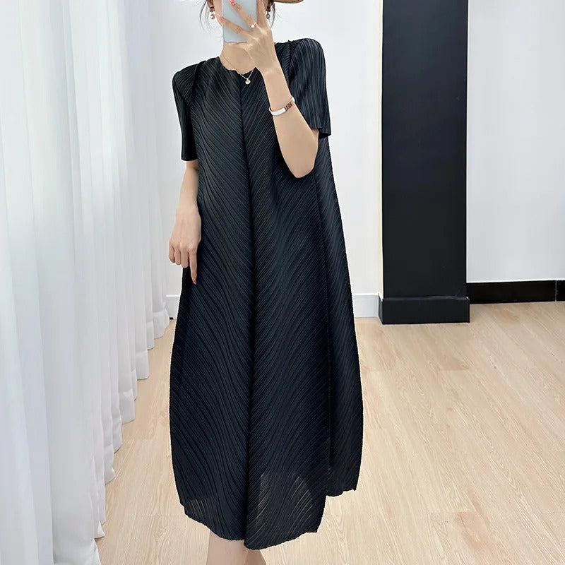 Pleated Dress for Women 2025 Summer New Casual Loose Oblique Pleated Pure Color Minimal Versatile Short Sleeve Dresses