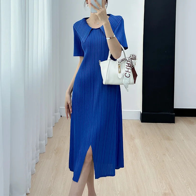 Pleated Dress for Women 2025 Summer New Skirt High-End Temperament Youthful-Looking Niche Lapel Slit Versatile Dresses