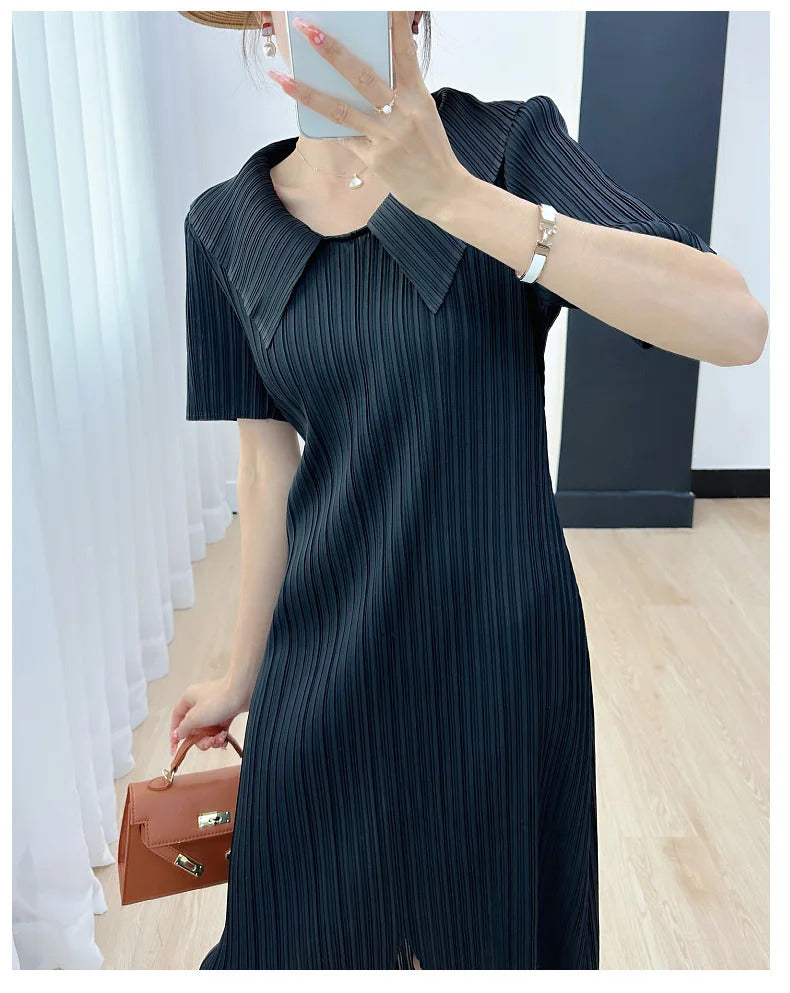 Pleated Dress for Women 2025 Summer New Skirt High-End Temperament Youthful-Looking Niche Lapel Slit Versatile Dresses