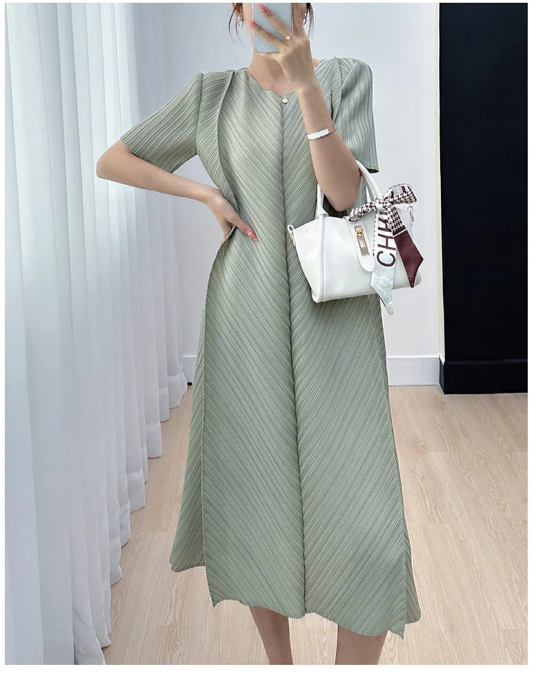 Pleated Dress for Women 2025 Summer New Casual Loose Oblique Pleated Pure Color Minimal Versatile Short Sleeve Dresses