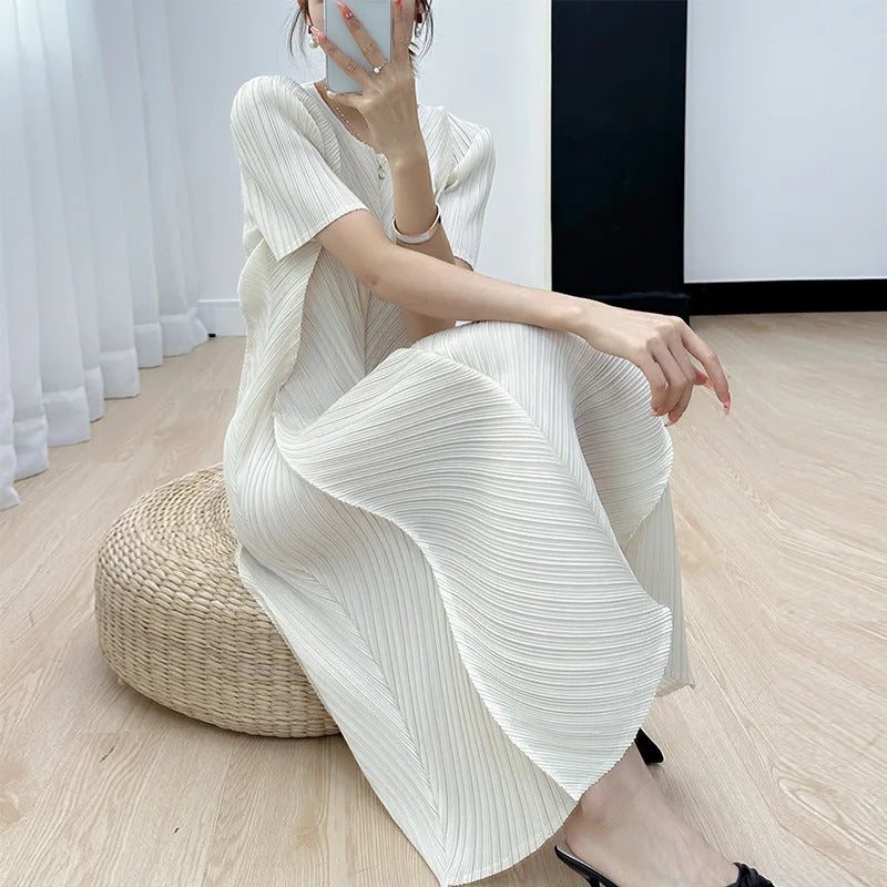 Pleated Dress for Women 2025 Summer New Casual Loose Oblique Pleated Pure Color Minimal Versatile Short Sleeve Dresses