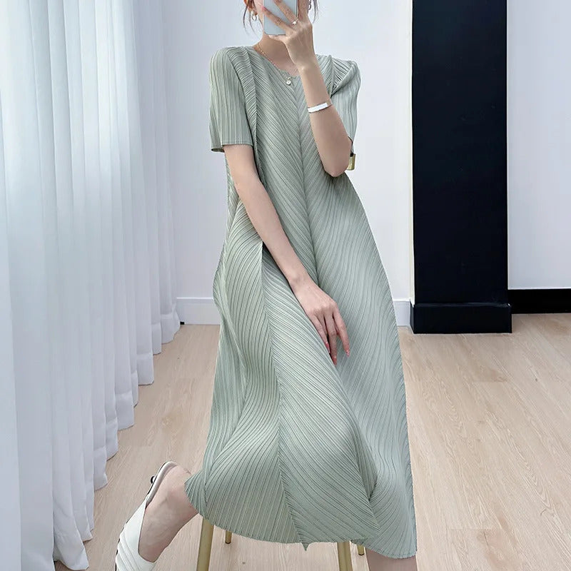 Pleated Dress for Women 2025 Summer New Casual Loose Oblique Pleated Pure Color Minimal Versatile Short Sleeve Dresses