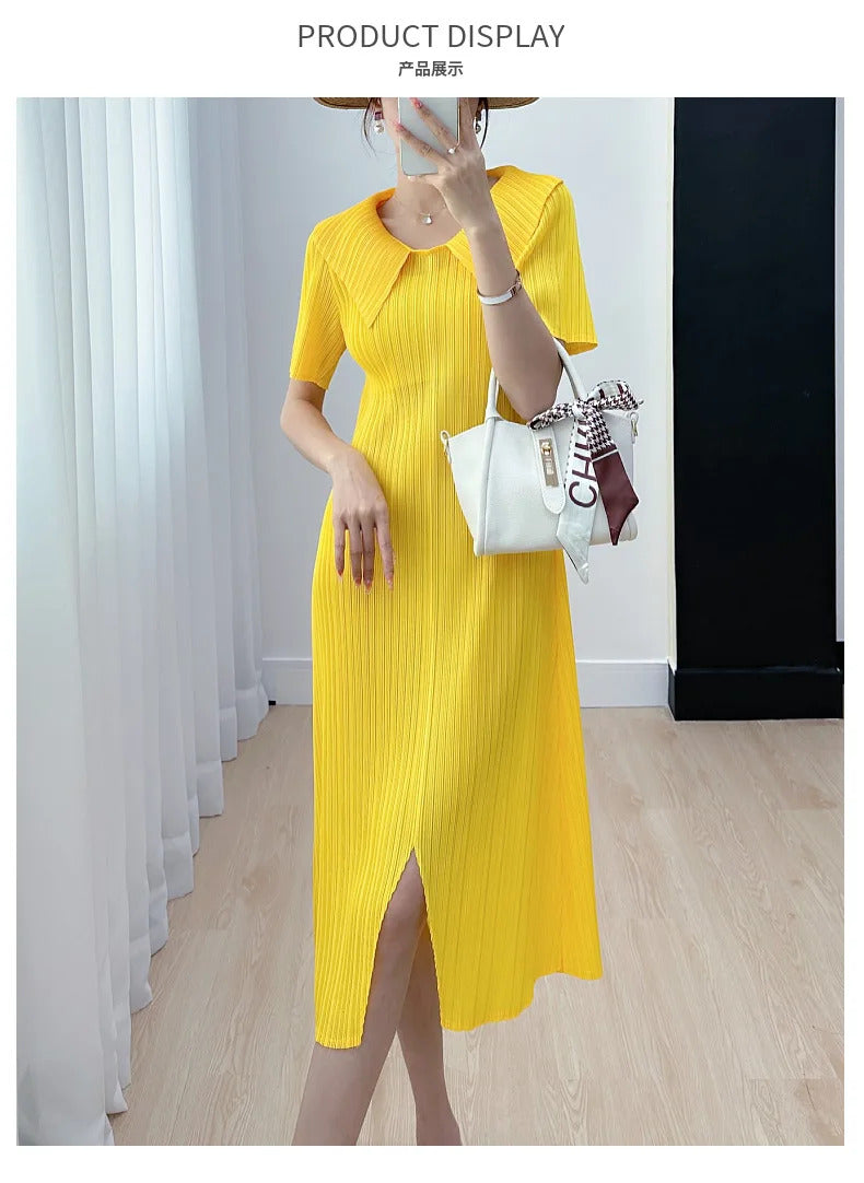 Pleated Dress for Women 2025 Summer New Skirt High-End Temperament Youthful-Looking Niche Lapel Slit Versatile Dresses