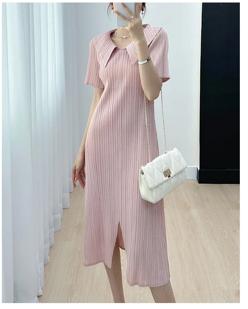 Pleated Dress for Women 2025 Summer New Skirt High-End Temperament Youthful-Looking Niche Lapel Slit Versatile Dresses