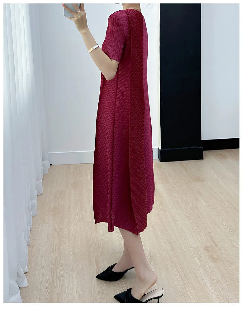 Pleated Dress for Women 2025 Summer New Casual Loose Oblique Pleated Pure Color Minimal Versatile Short Sleeve Dresses