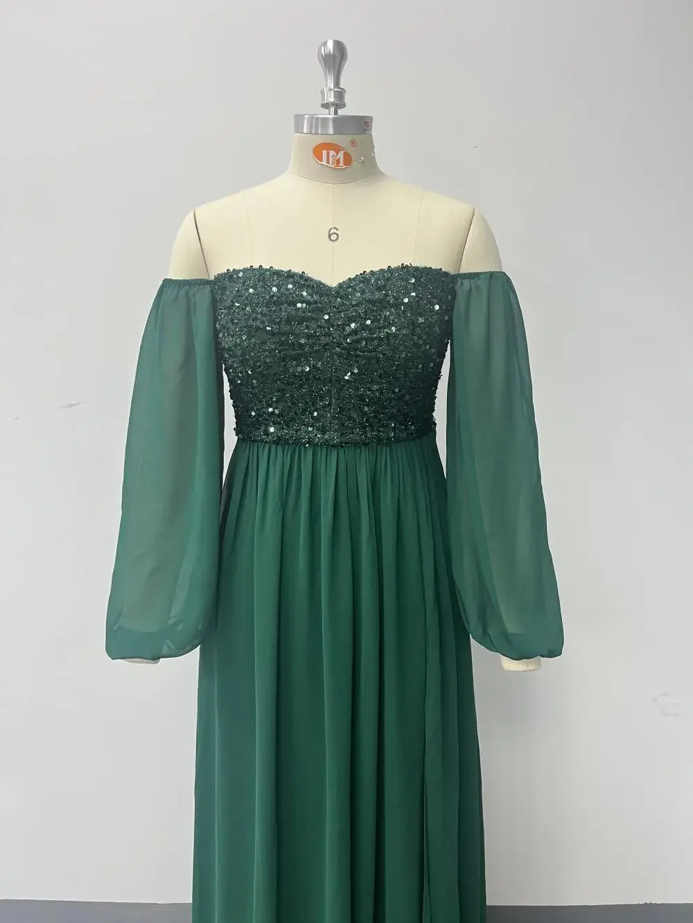 Women Strapless Dark Green Long Sleeved Evening Dresses Sequin Chiffon Free Wear Square Neck Party Gown Elegant Formal Dress