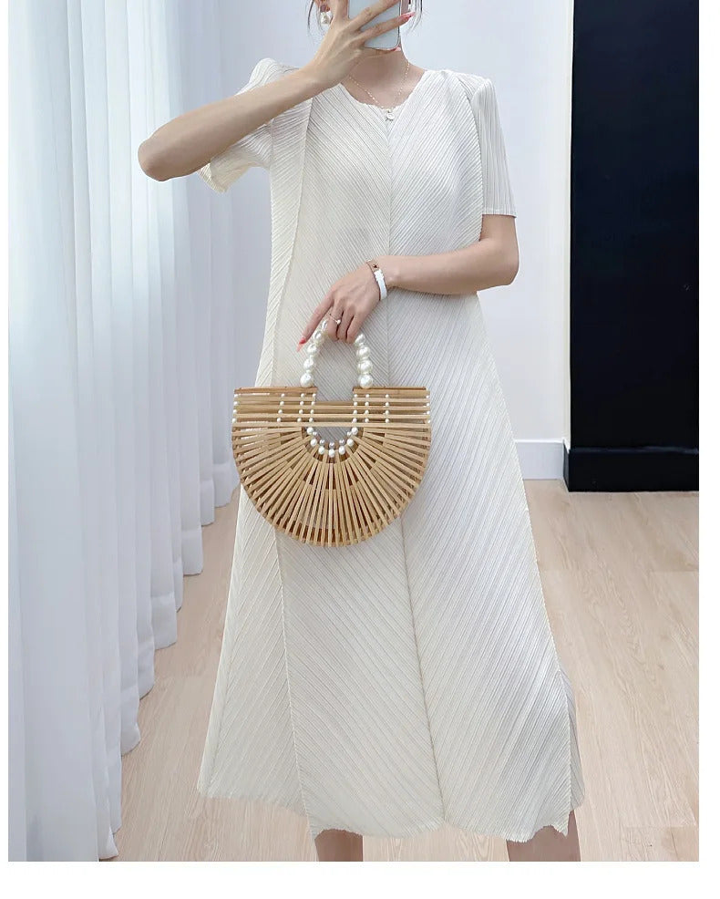 Pleated Dress for Women 2025 Summer New Casual Loose Oblique Pleated Pure Color Minimal Versatile Short Sleeve Dresses