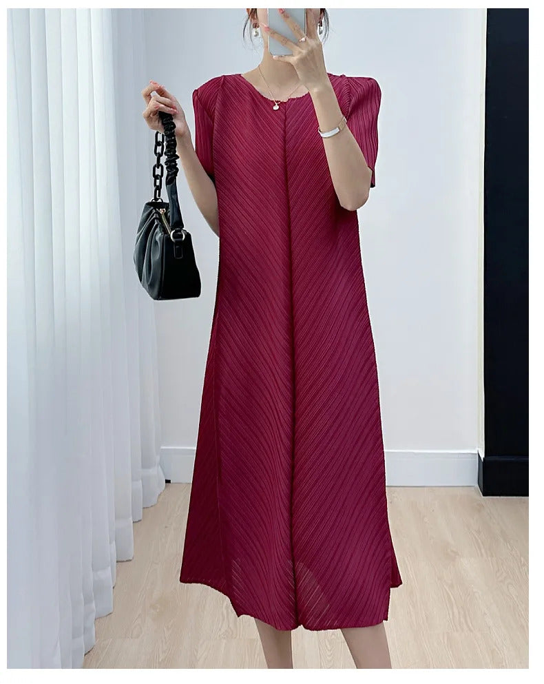 Pleated Dress for Women 2025 Summer New Casual Loose Oblique Pleated Pure Color Minimal Versatile Short Sleeve Dresses