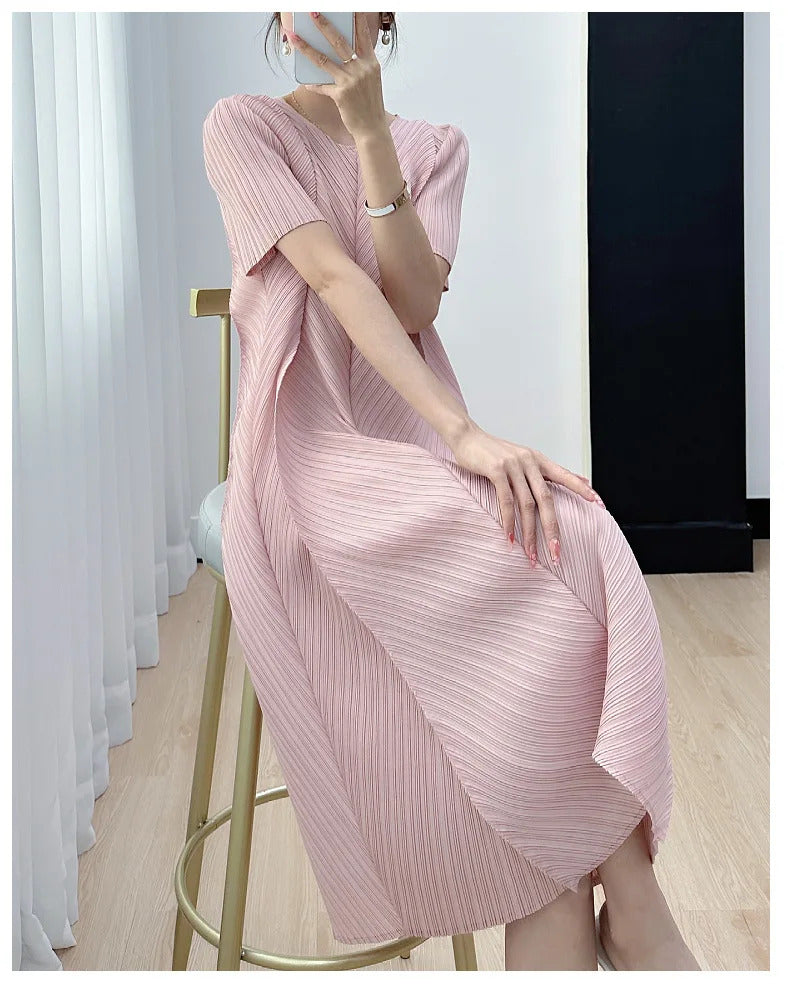 Pleated Dress for Women 2025 Summer New Casual Loose Oblique Pleated Pure Color Minimal Versatile Short Sleeve Dresses