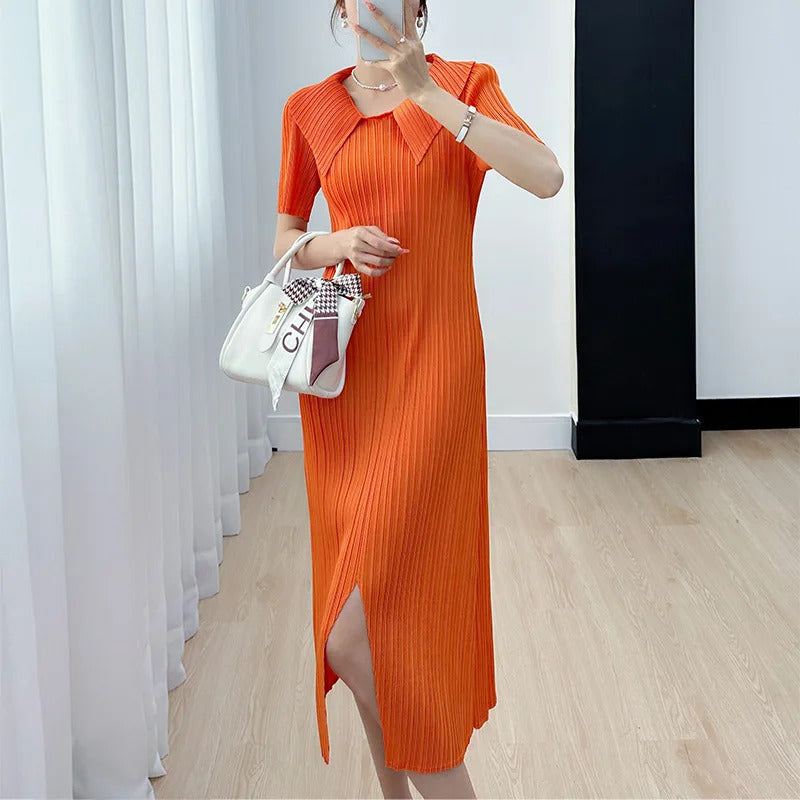 Pleated Dress for Women 2025 Summer New Skirt High-End Temperament Youthful-Looking Niche Lapel Slit Versatile Dresses