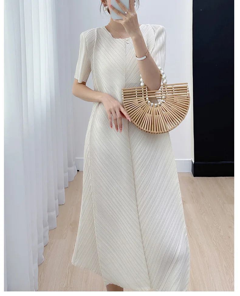 Pleated Dress for Women 2025 Summer New Casual Loose Oblique Pleated Pure Color Minimal Versatile Short Sleeve Dresses