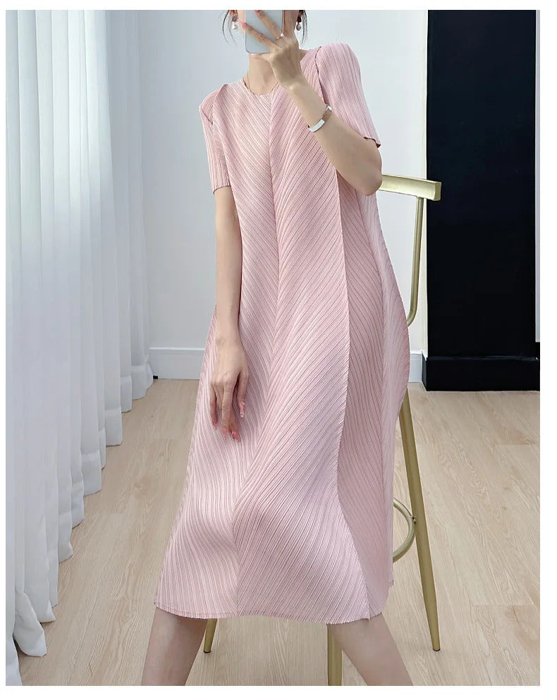 Pleated Dress for Women 2025 Summer New Casual Loose Oblique Pleated Pure Color Minimal Versatile Short Sleeve Dresses