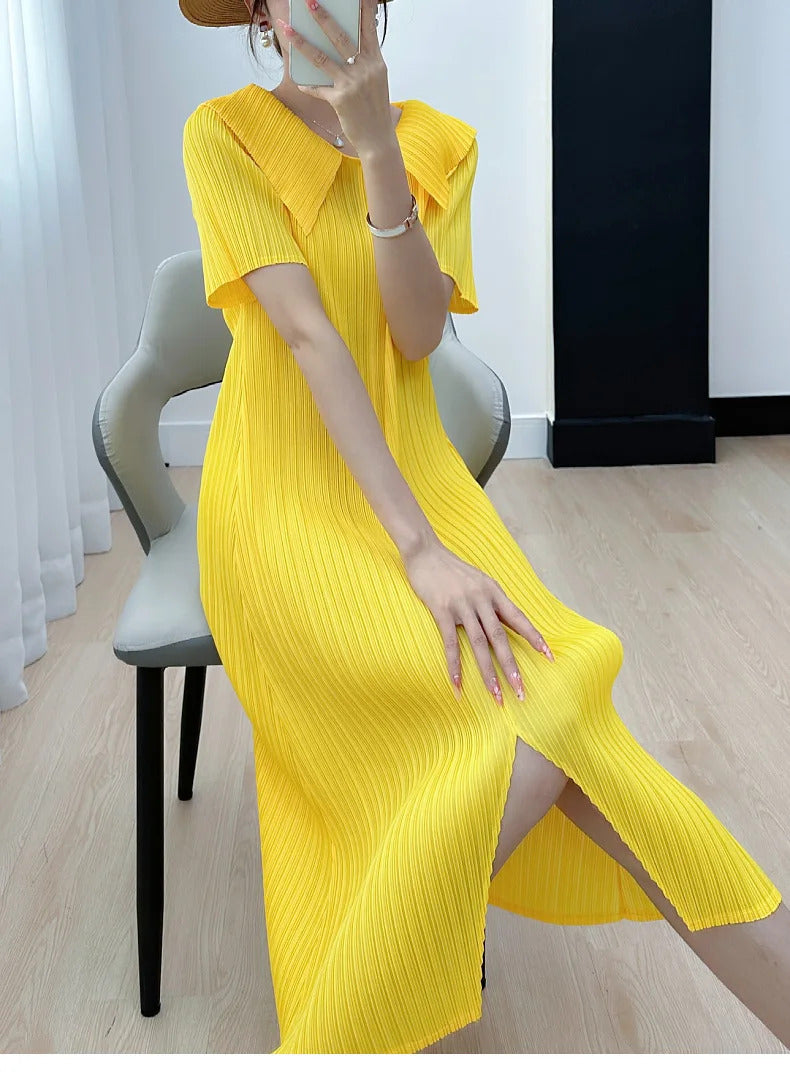 Pleated Dress for Women 2025 Summer New Skirt High-End Temperament Youthful-Looking Niche Lapel Slit Versatile Dresses