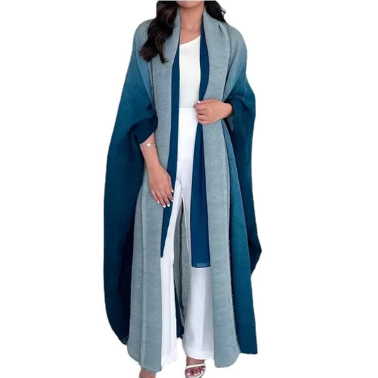 Pleated Trench Coat for Women 2025 Autumn New Gradient Color Plus-Sized Plus-Sized Batwing Sleeve Scarf Long Shawl Dress