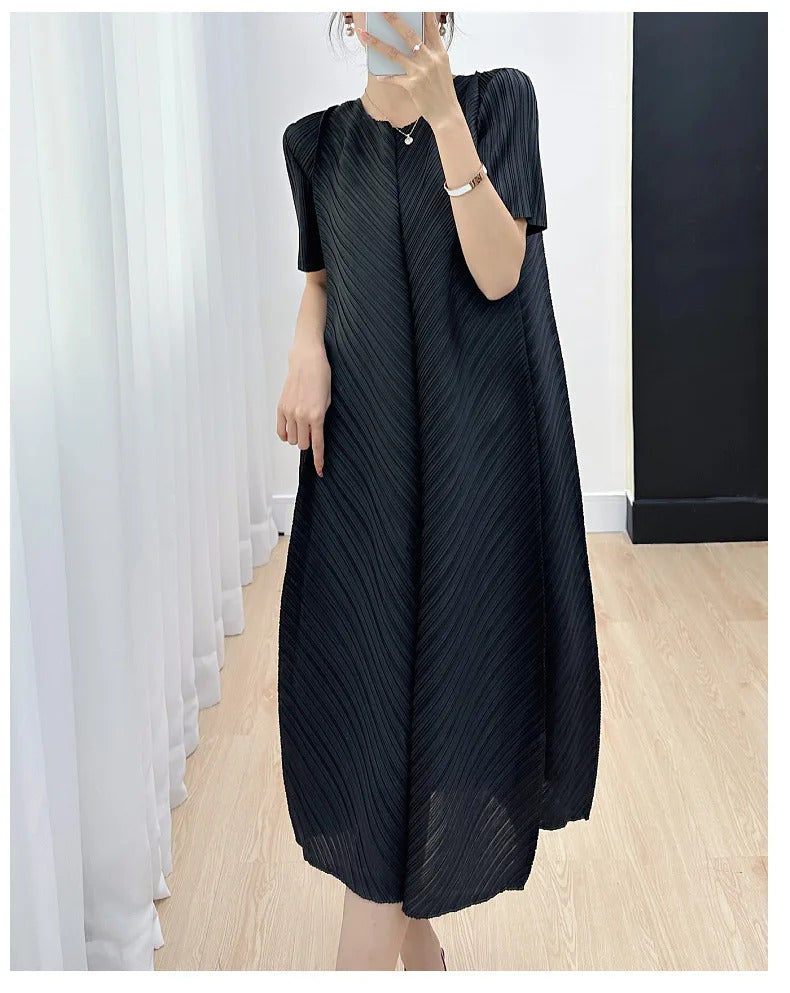 Pleated Dress for Women 2025 Summer New Casual Loose Oblique Pleated Pure Color Minimal Versatile Short Sleeve Dresses