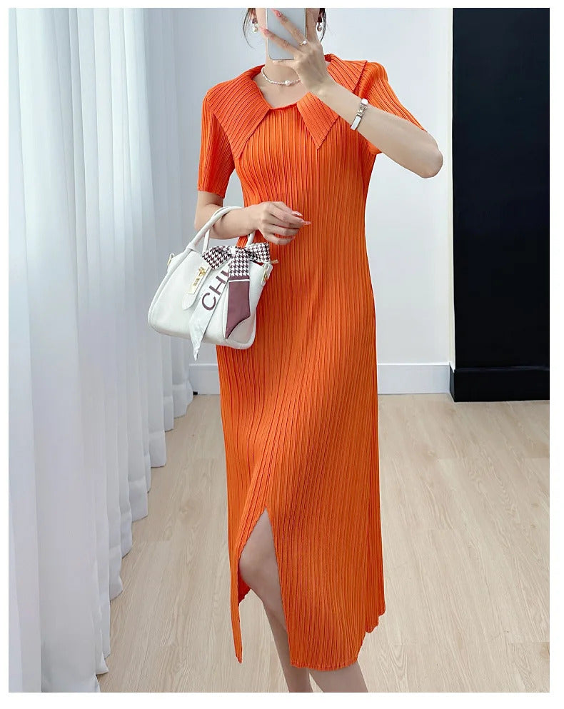 Pleated Dress for Women 2025 Summer New Skirt High-End Temperament Youthful-Looking Niche Lapel Slit Versatile Dresses