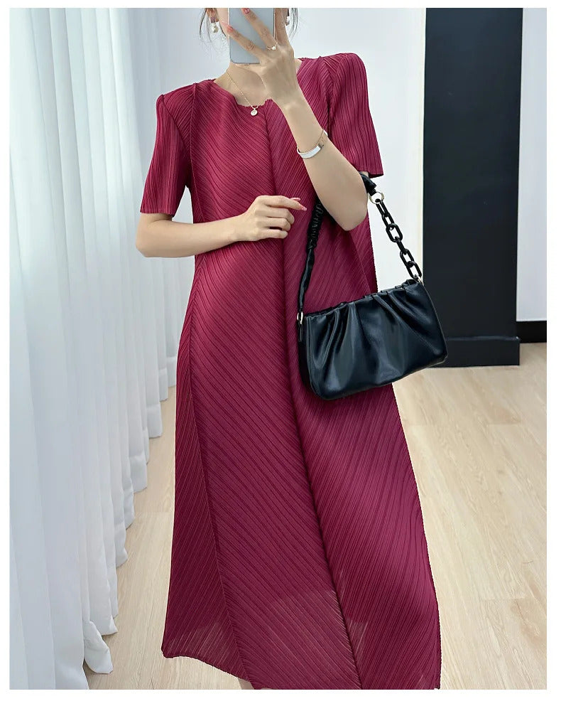 Pleated Dress for Women 2025 Summer New Casual Loose Oblique Pleated Pure Color Minimal Versatile Short Sleeve Dresses