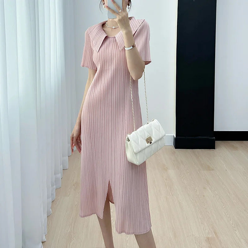 Pleated Dress for Women 2025 Summer New Skirt High-End Temperament Youthful-Looking Niche Lapel Slit Versatile Dresses