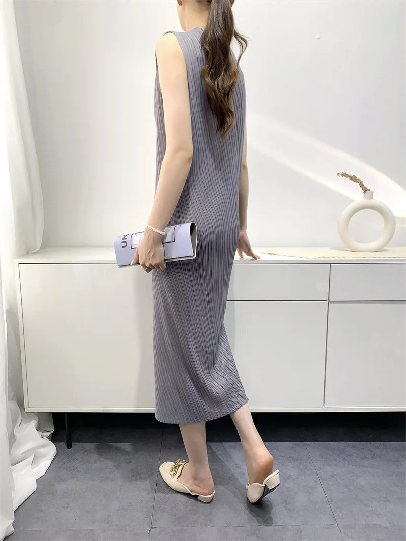 Pleated Dress for Women 2025 Summer New Slim-Fit Slimming Mid-Length Pleated Skirt Spiral Stitching Vest Dresses Women