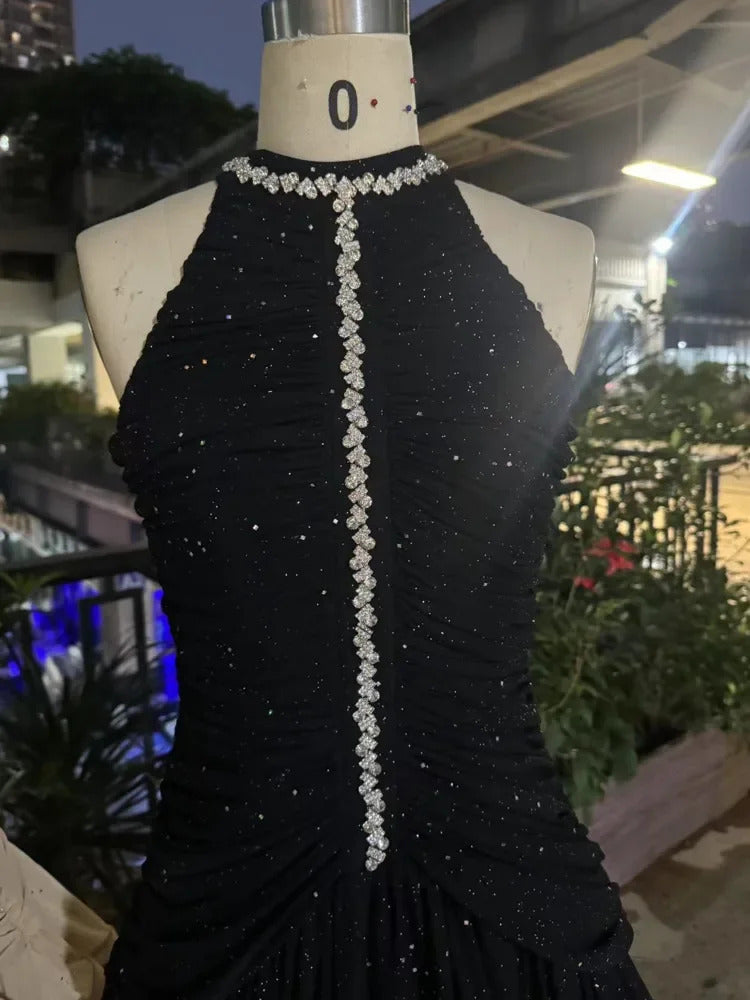 Luxurious Elegant Dress Diamonds Folds Spliced O Neck Sleeveless Slim Women's Mini Evening Dresses 2025 Spring New Fashion 15D