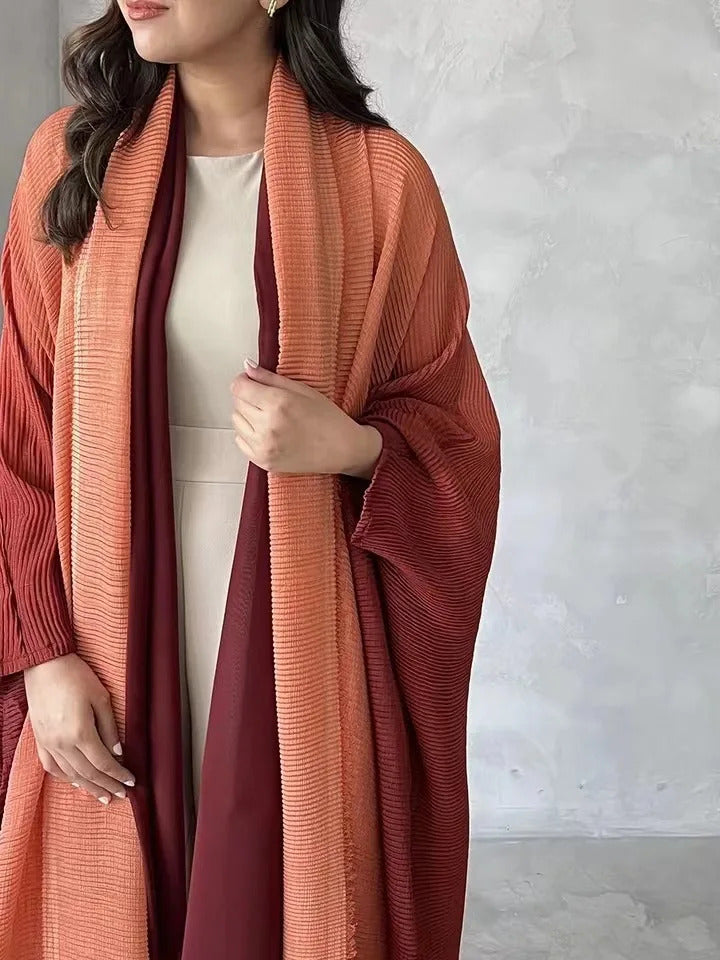 Pleated Trench Coat for Women 2025 Autumn New Gradient Color Plus-Sized Plus-Sized Batwing Sleeve Scarf Long Shawl Dress