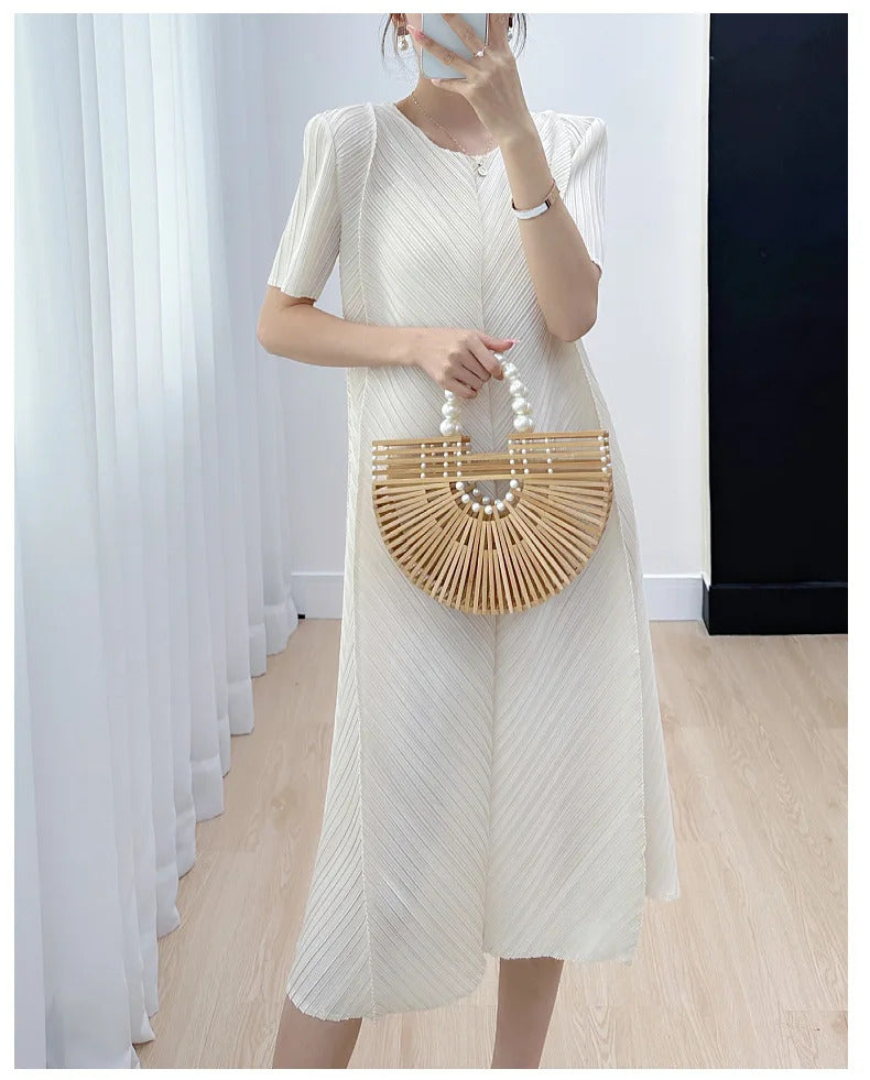 Pleated Dress for Women 2025 Summer New Casual Loose Oblique Pleated Pure Color Minimal Versatile Short Sleeve Dresses