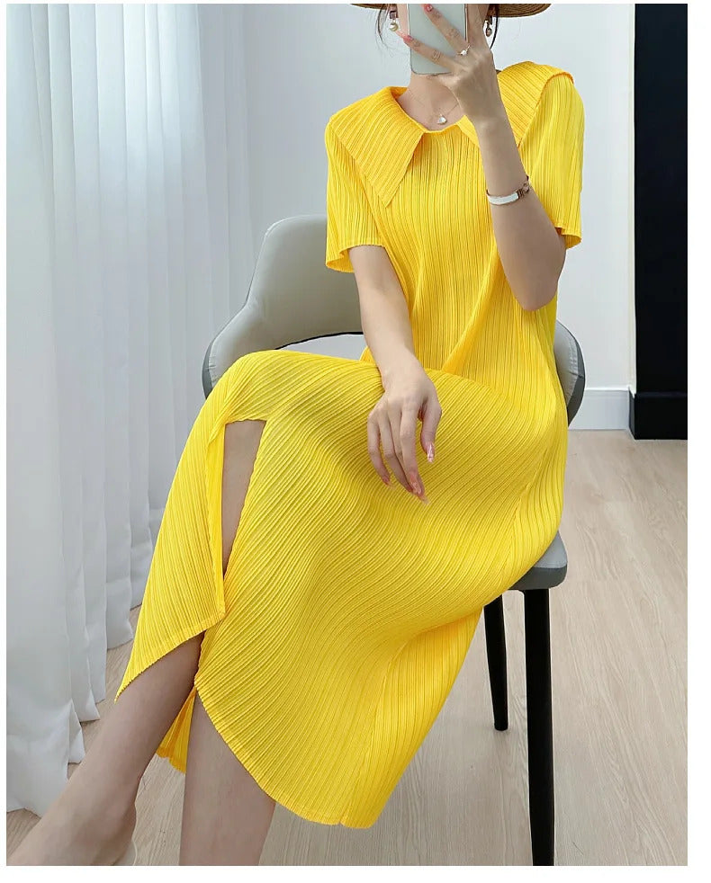 Pleated Dress for Women 2025 Summer New Skirt High-End Temperament Youthful-Looking Niche Lapel Slit Versatile Dresses